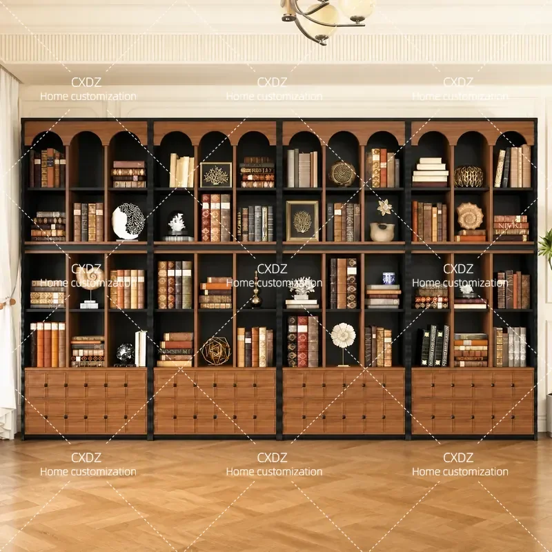 Retro Solid Wood Wardrobe Display Cabinet Integrated Whole Wall Living Room Bookshelf Combination Floor Stand Storage Unit