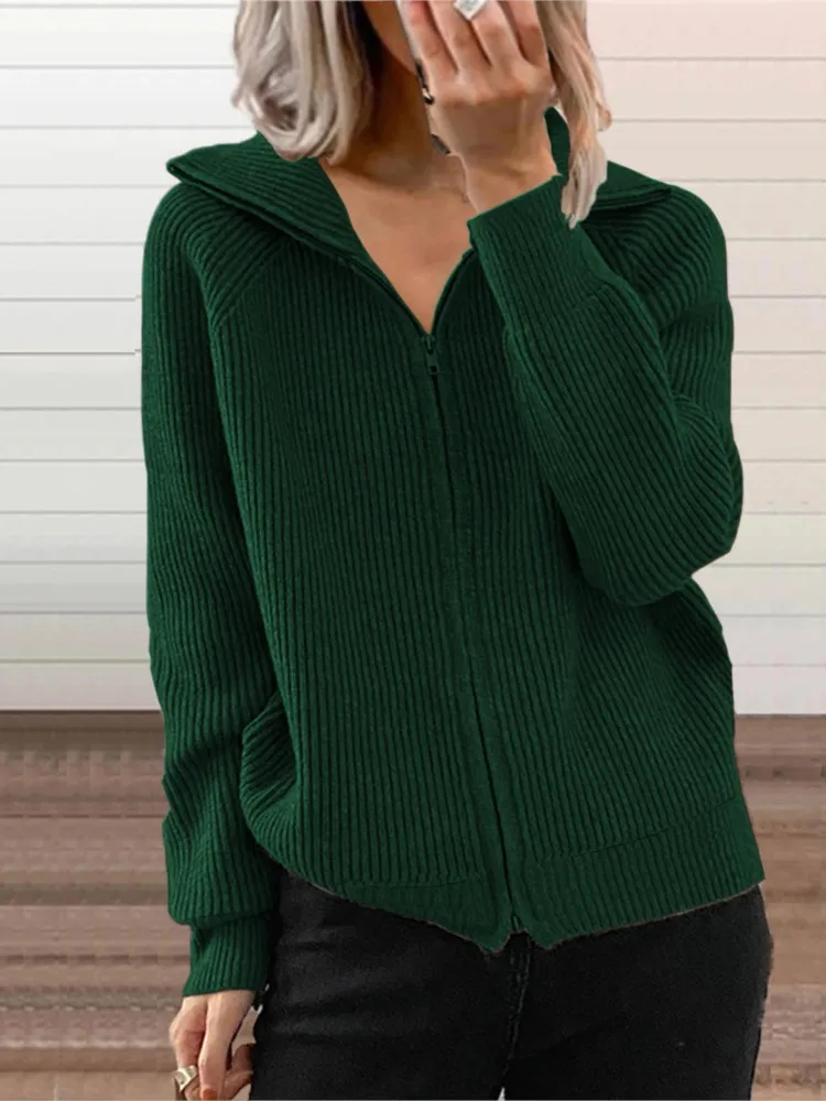 

Autumn And Winter New Striped Casual Jacket Loose Knit Sweater With Zipper Cardigan, Long Sleeved Lapel Sweater For Wome