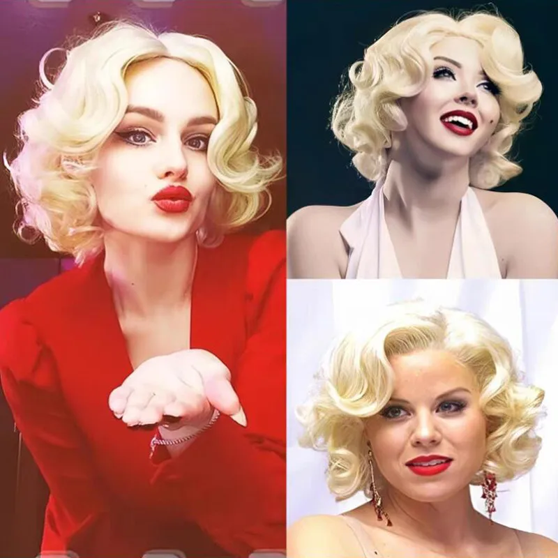 

Marilyn Monroe Cos Synthetic Wig Elegant and Fashionable Short Golden Curly Hairpiece for Women