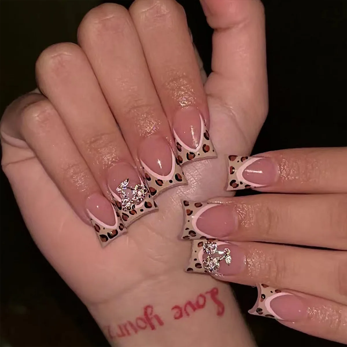 

24PCS Press on Nails Luxury Leopard French Tip Spicy False Nails with Hand Dotted Cherry and Sparkling Diamond Design Fake Nails
