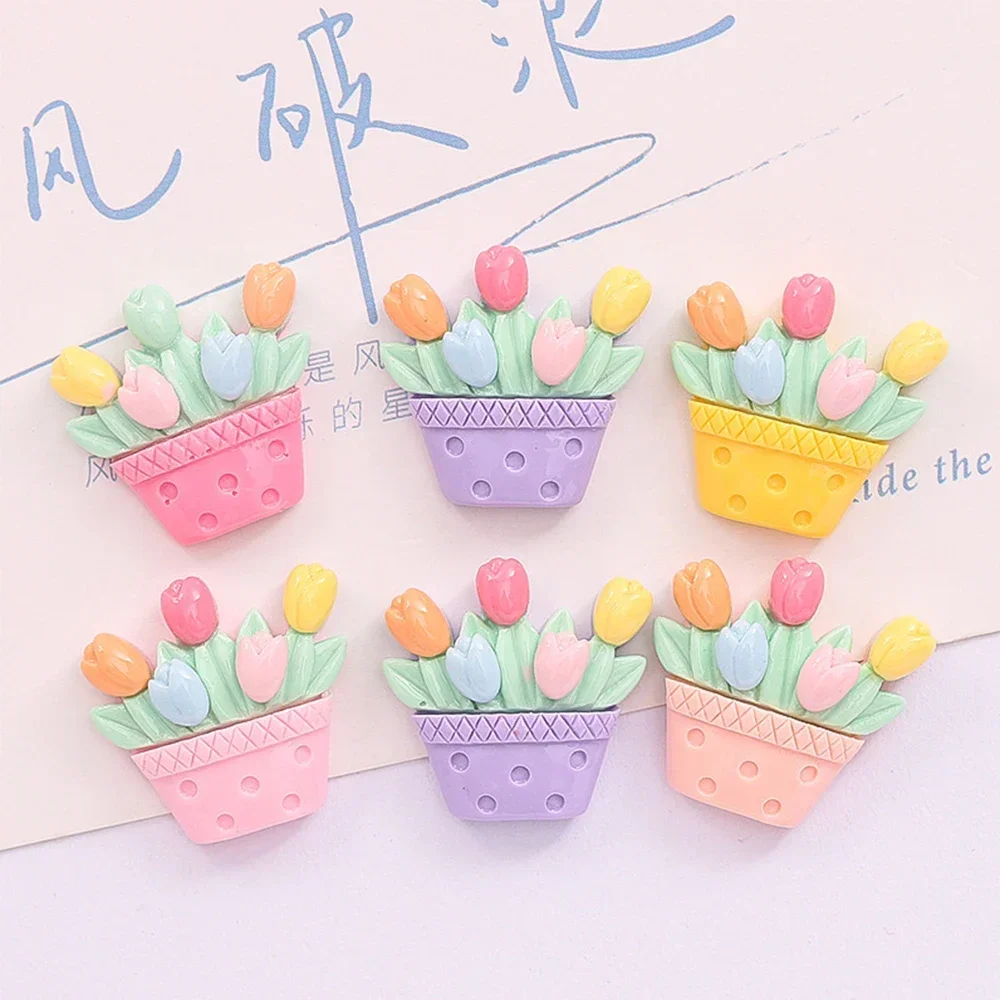 10PCS Shiny Tulip Flower Basket Resin Flat Back Cabochons For Hairpin Scrapbooking DIY Jewelry Craft Decoration Accessories