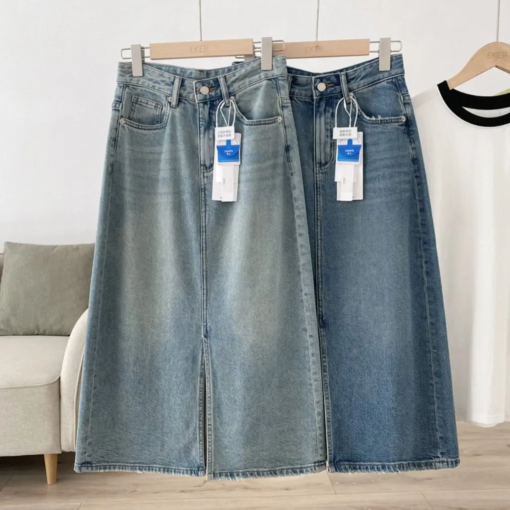 Far Chao Retro mittellanger Jeansrock mit hoher Taille, geteilter Schritt vorne, unbesiegbare Textur, Damenmode, Marktartikel