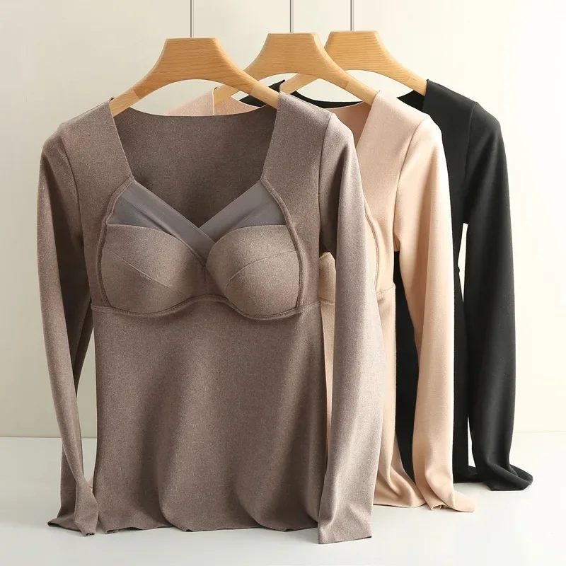 V-neck Seamless Thermal Underwear Women's Padded Bra Elastic Thermal Underwear Top with Plush Lining Winter for Warmth XL-3XL