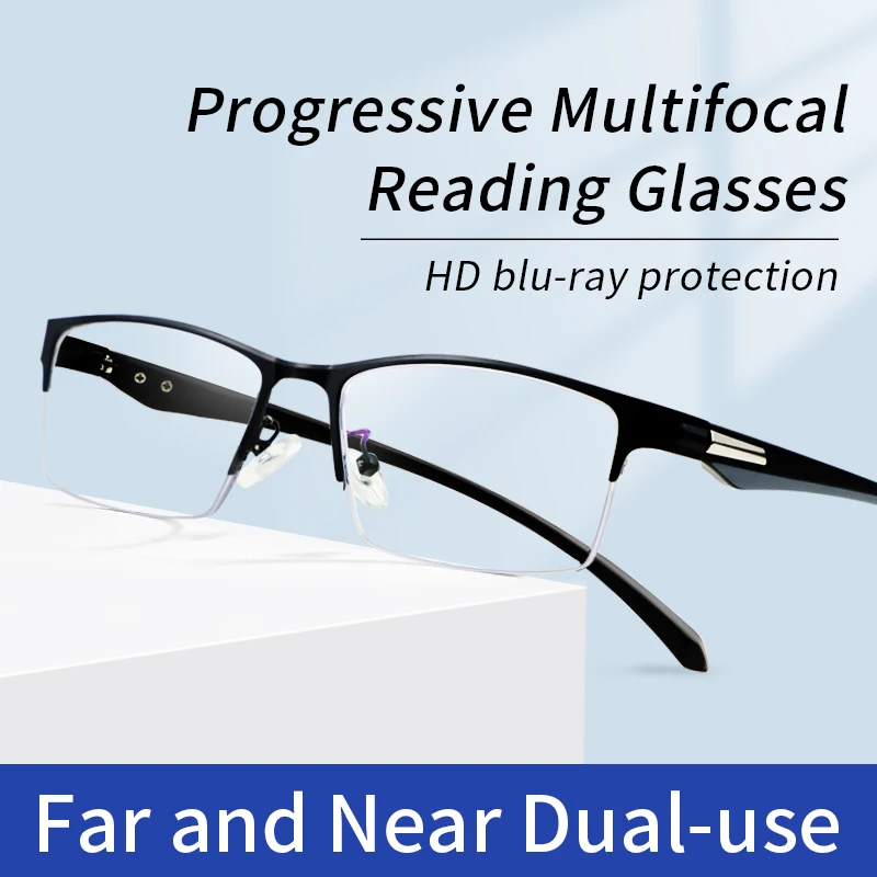 

Progressive Multifocus Reading Glasses Men, Blue Light Blocking Presbyopic glasses computer Readers,Half Metal Frame