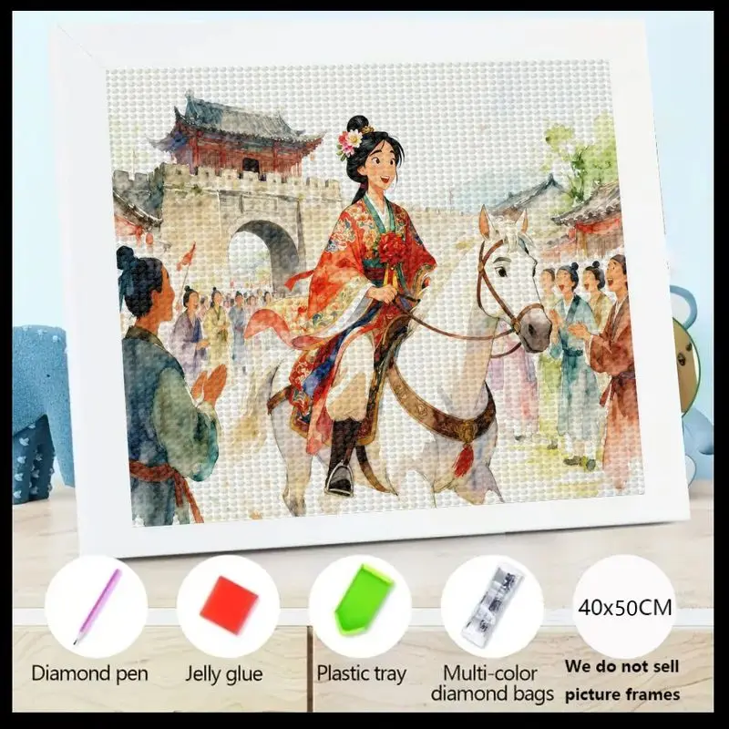 

1PC 5D DIY Full Drill Diamond Painting Kit, Traditional Chinese Princess Warrior Riding White Horse Art, Vibrant Oriental Scener