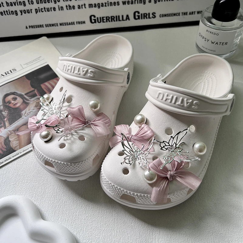 New Jibbitz Ballet Ribbon Hole Shoe Accessory Silver Butterfly Shoe Buckle Perfect For Beach Shoes & Personalizing Accessories