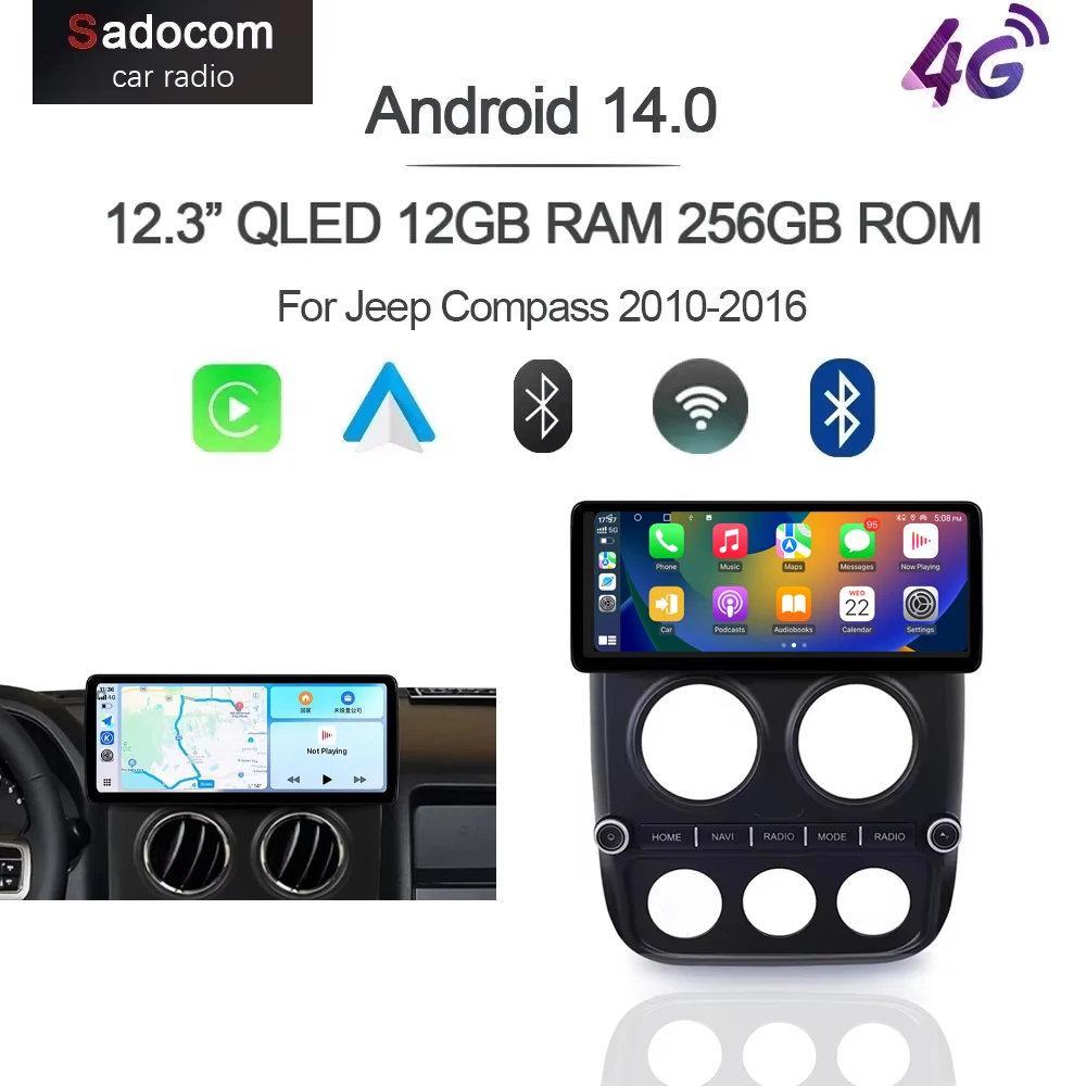 12.3' 720P 8G+256G CarPlay Android 14 Car Player GPS WIFI Autoradio Navigation Multimedia For Jeep Compass 2010-2016
