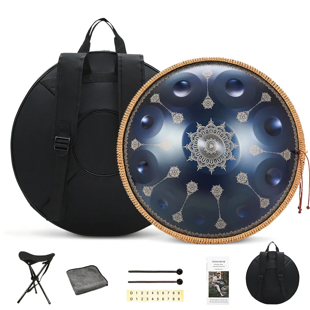 10 Notes Handpan Drum 22 Inch Engraving Pattern Hand Pan Drum in D Minor for Adults Yoga 432Hz Musical Meditation Instrument Gift Sound Healing Hand Drum for Beginner Steel Tongue Drum, with Carrying Bag, Mallets, Holder & Wiping Cloth