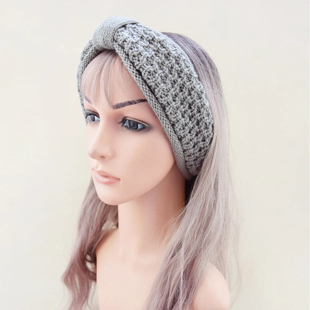 1PC Winter Warm Plush Hair Band Crochet Wool Knitting Bow Turban Headwrap Hair Accessories Center Knotted High-elastic Headwear