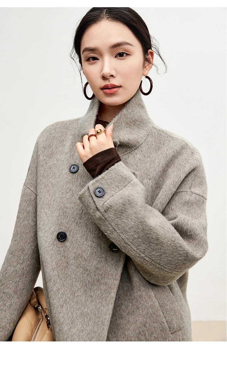 SENTUBILA 100% Wool Coats for Women 2024 Winter Stand Neck Double Sided Temperament Cropped Outerwears Hight Quality W44O56626