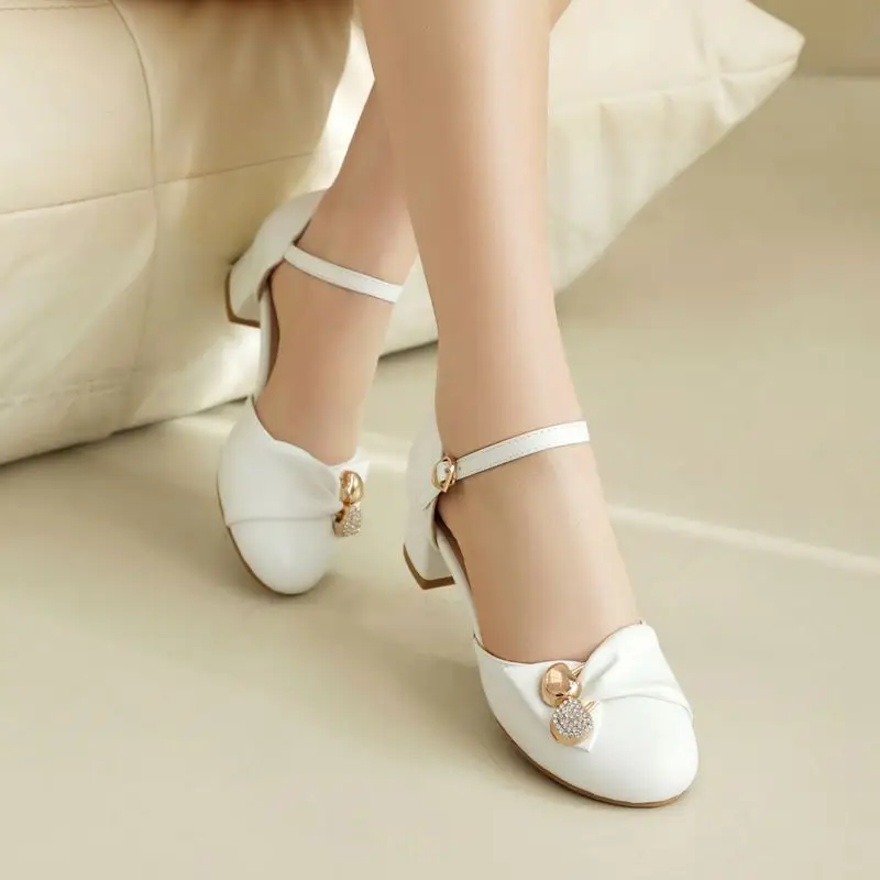 ASILETO Korean Girls Pumps Round Toe Block Heels 4cm Buckle Strap Metal Decor Big Size 48 49 50 Sweet Lolita Style Shoes 28 29