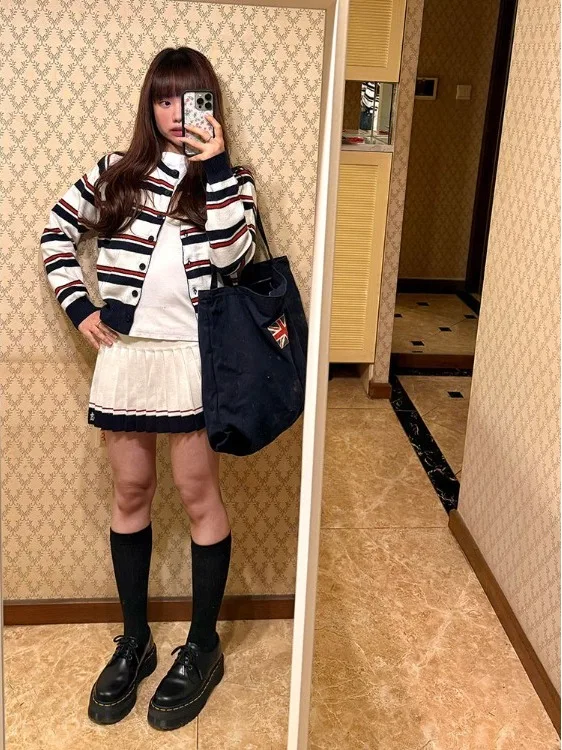 Retro Striped Knitted Open Cardigan Women's Early Autumn College Sle Slim Fit round Ne Sweater ort Coat Top Korean Sle