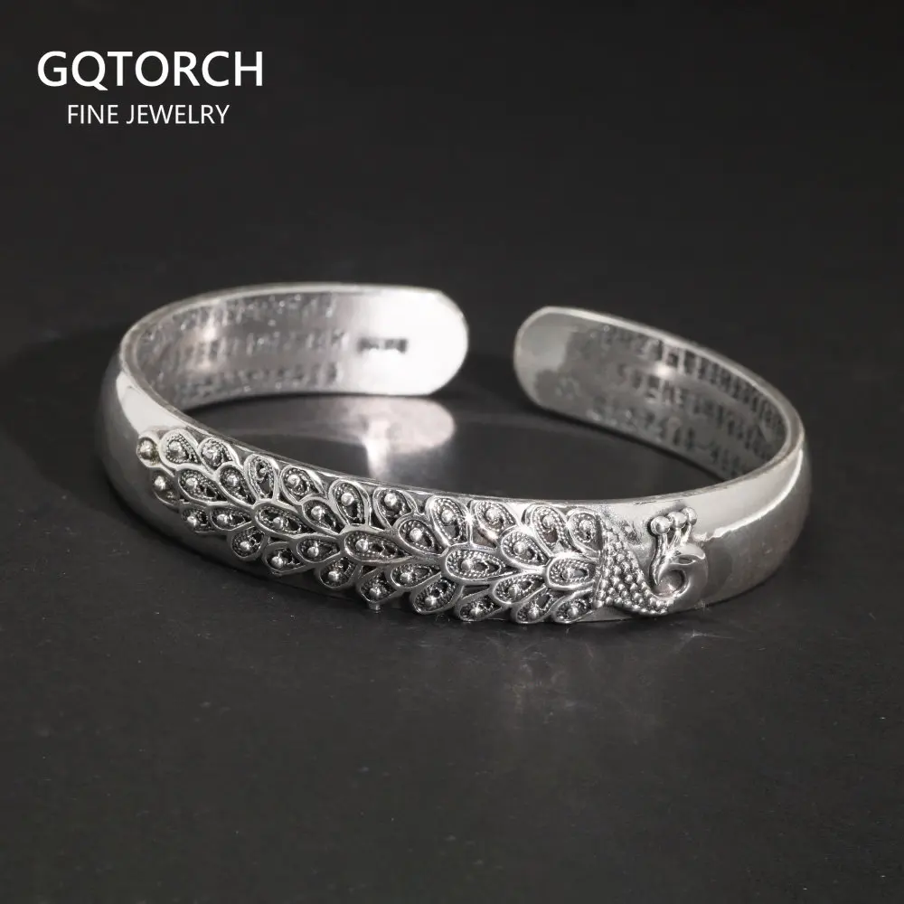 

999 Sterling Silver Peacock Opening Cuff Bracelet For Women Heart Sutra Engraved Buddhist Thai Silver Jewelry bangles bracelets