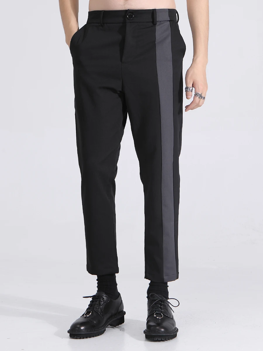 Calça britânica masculina cônica, calça de 9 pontos, pé fino com emenda, contraste de cores, moda masculina, outono