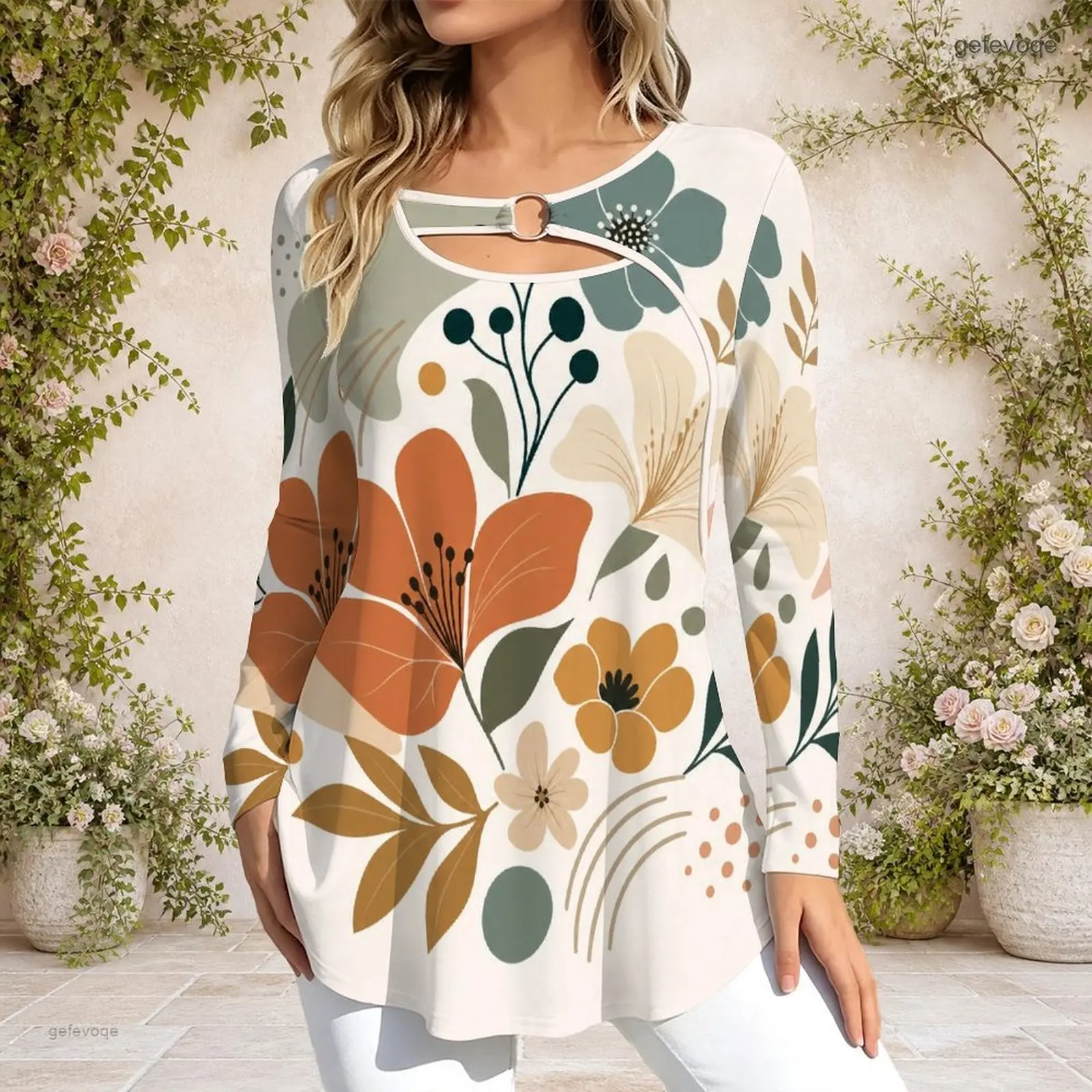 Printed Top for Women Keyhole Ring Neck Long Sleeve Flared Hem