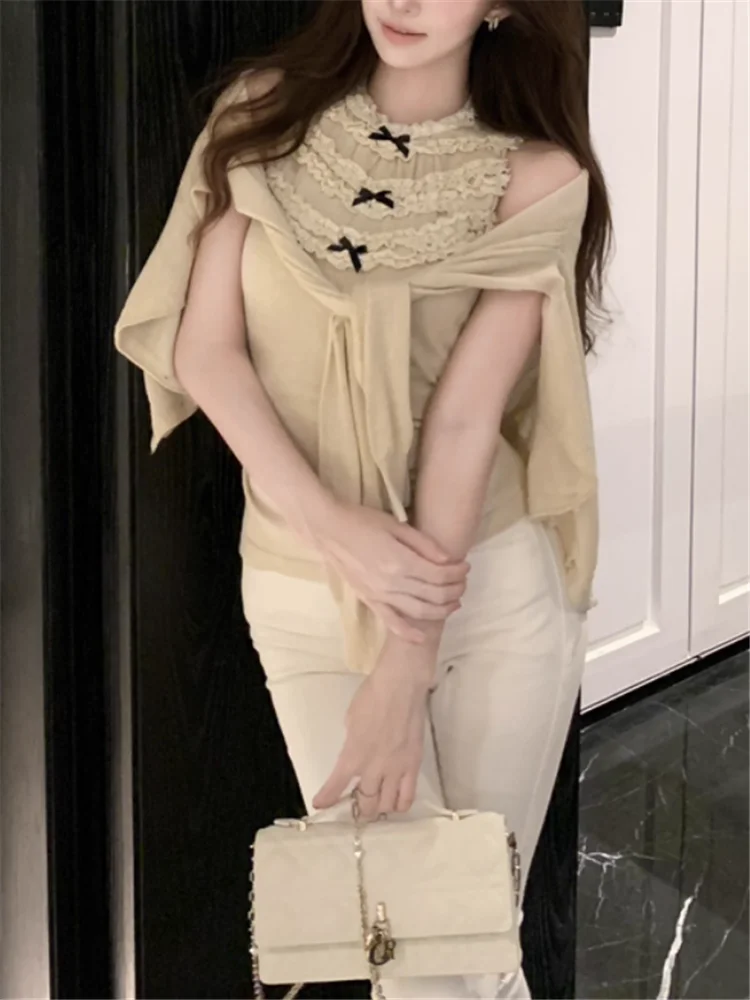 

Новинка 2023 года, осенние женские вязаные комплекты из 2 предметов, короткая майка с милым бантом и оборками, короткий кардиган с длинными рукавами, повседневный трикотаж из 2 предметов