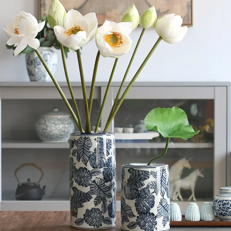 Dining Flower Vase Blue White Porcelain Hydroponic Container Hand-painted Leaves Flower Vessels Exquisite Versatile Home Decor