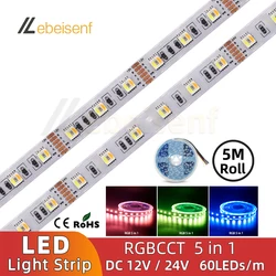 5 m/partia RGB CCT listwa LED RGBWW światło DC 12V / 24V 5 kolor w 1 5050 SMD 60 LEDs/m 6-Pin elastyczna lampa taśma dekoracja wnętrz pasek