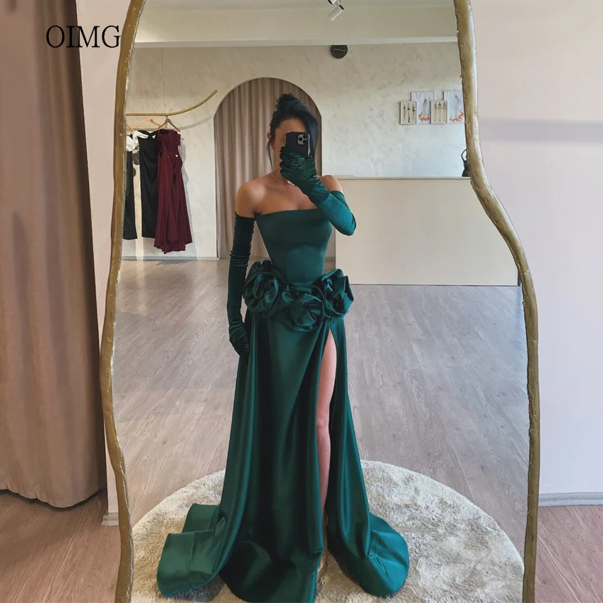 

OIMG Dark Green A-line Prom Gowns Strapless Formal Party Gown High Side Split Evening Dress vestidos de fiesta Customized