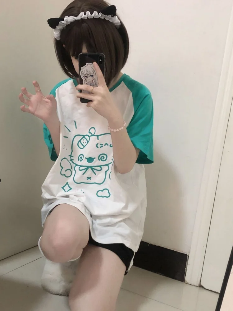 Y2k Aesthetic Summer Loose T-shirt 2024 Casual O Neck Japanese Kawaii Cartoon Top Women Short Sleeve Fashion Sweet Harajuku Tees