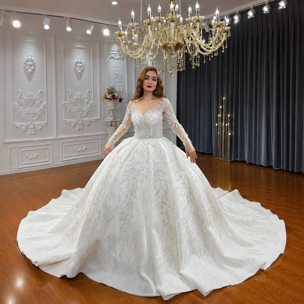 Customized 2027 Sparkling Pearl Lace Wedding Dress Long sleeves Bridal Dress Amanda Novias Officia