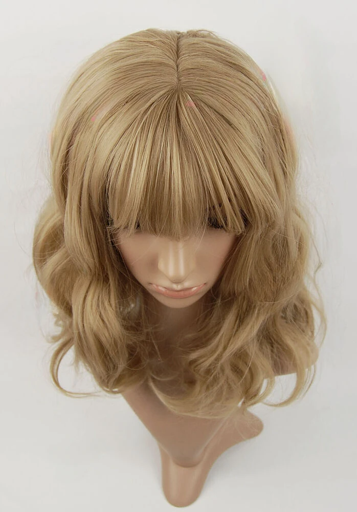 Dark Sandy Blonde Mid Length Wavy with Fringe Sythetic Wig