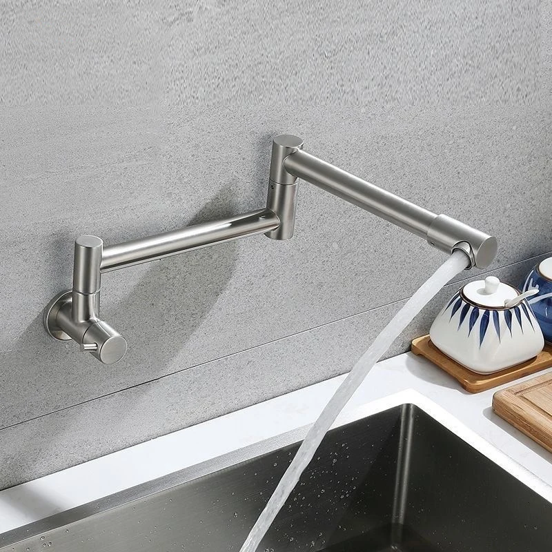 304 Stainless Steel Wall‑in Kitchen Tap Single Cold Fold Long Swing Spout 360° Rotation Wall Mount Faucet for Sink Basin view 2