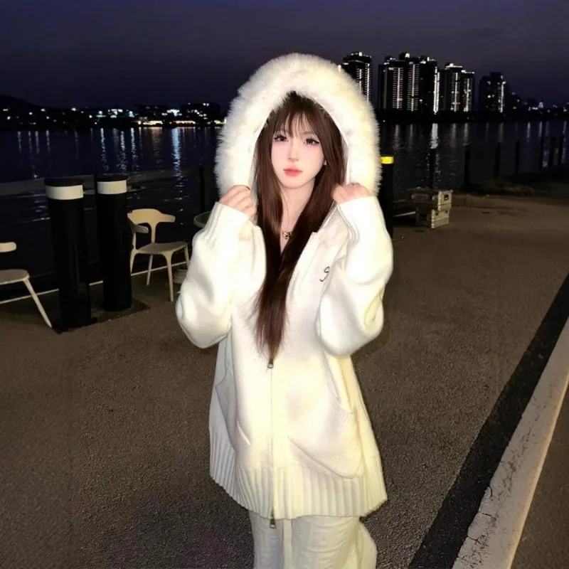 Autumn Winter New Style Hooded Fur Collar Women Knitted Cardigan Jacket  Loose Versatile Zipper Women Sweater