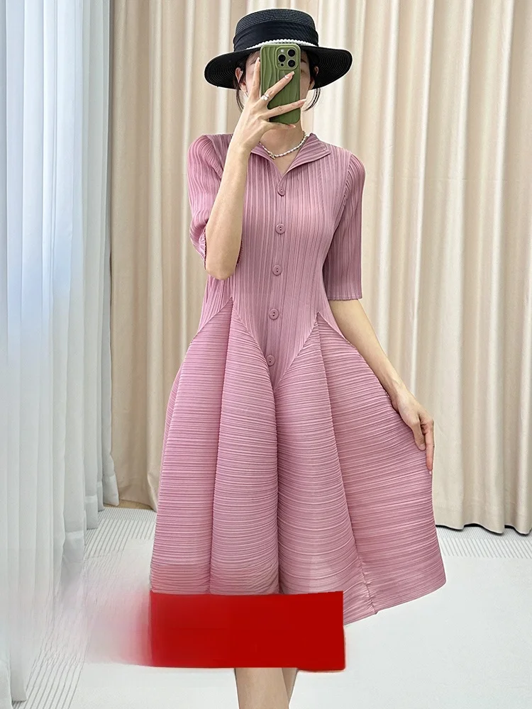 

Mid-Length Sleeveless Midi Dress Women's Spring Autumn Pure Color Pleated Flower Bud Skirt Half Open Collar Silk Blend Dress