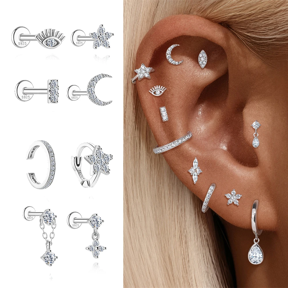

CANNER 925 Sterling Silver Shiny Moissanite Eye/Star/Moon Piercing Earrings For Woman Helix/Tragus/Daith Party Wedding Jewelry