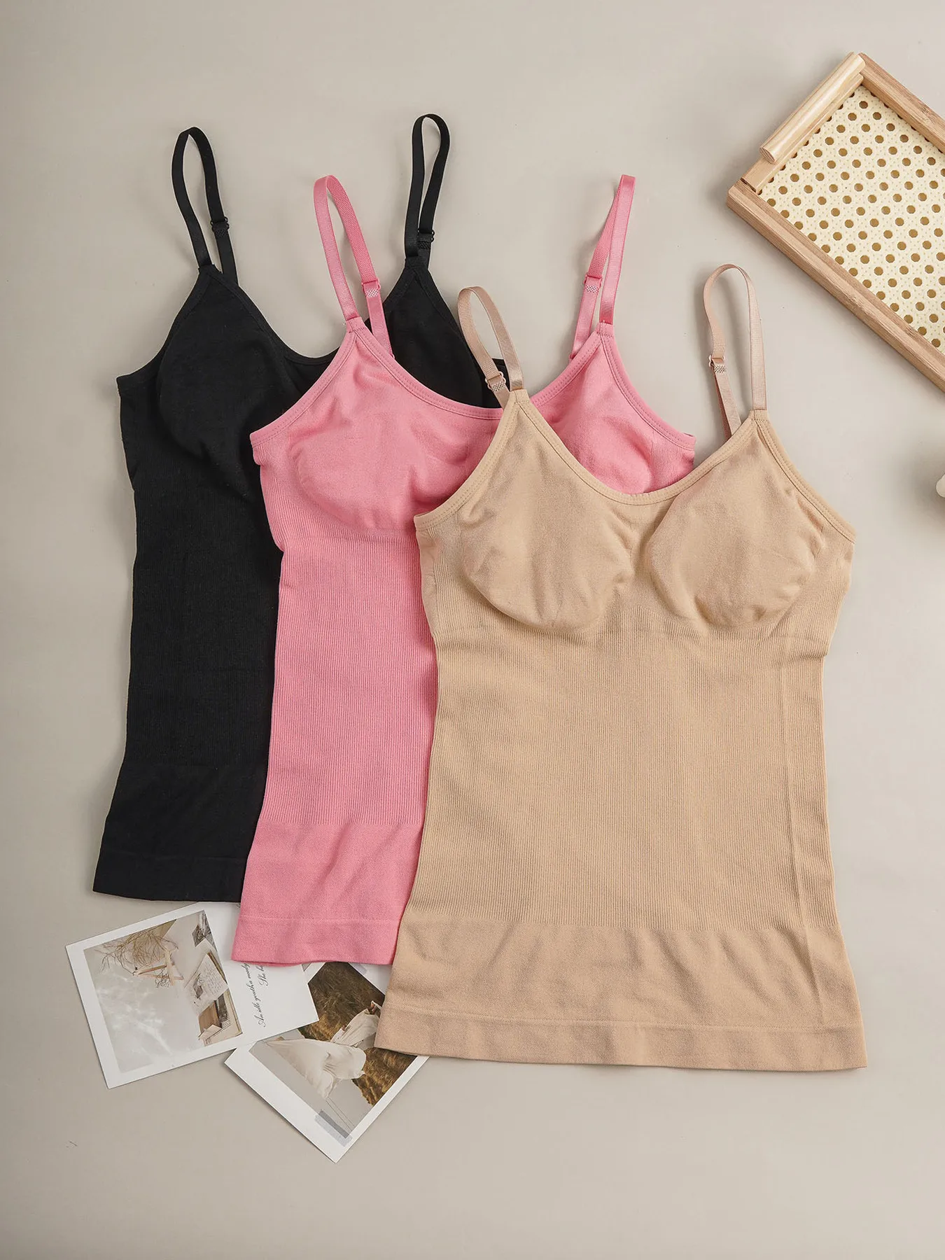 Women 3Pcs Seamless Shaping Camisoles Adjustable Straps Comfort Tummy Control Tank Tops Ladies Layering Essential Inner Vest