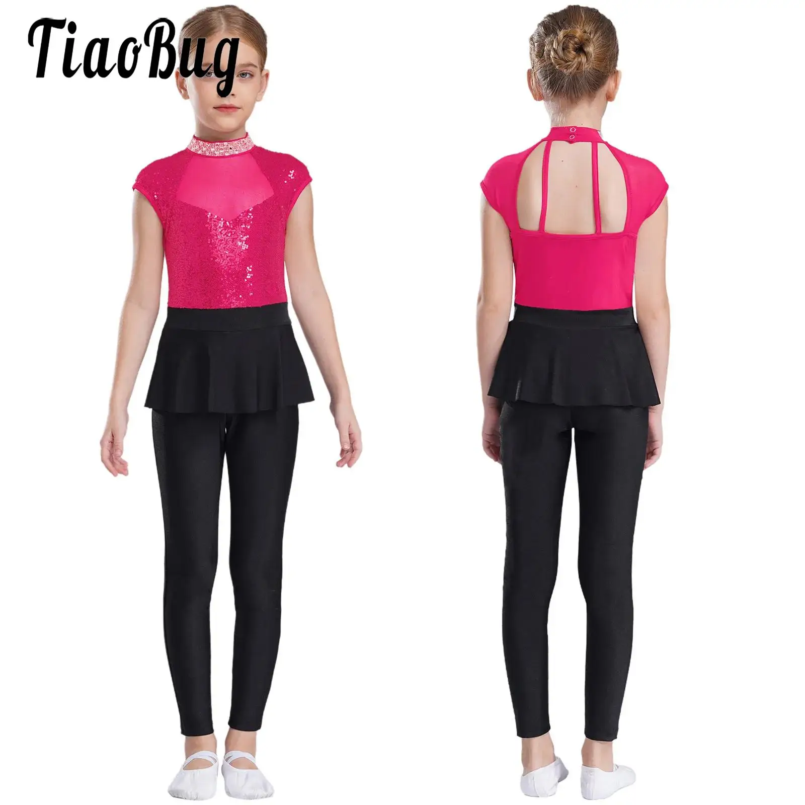 

Girls Sleeveless Peplum Jumpsuit Figure Skating Gymnastic Dancewear Sequins Leotard Full Body Dance Acrobatics Ballet Coostume