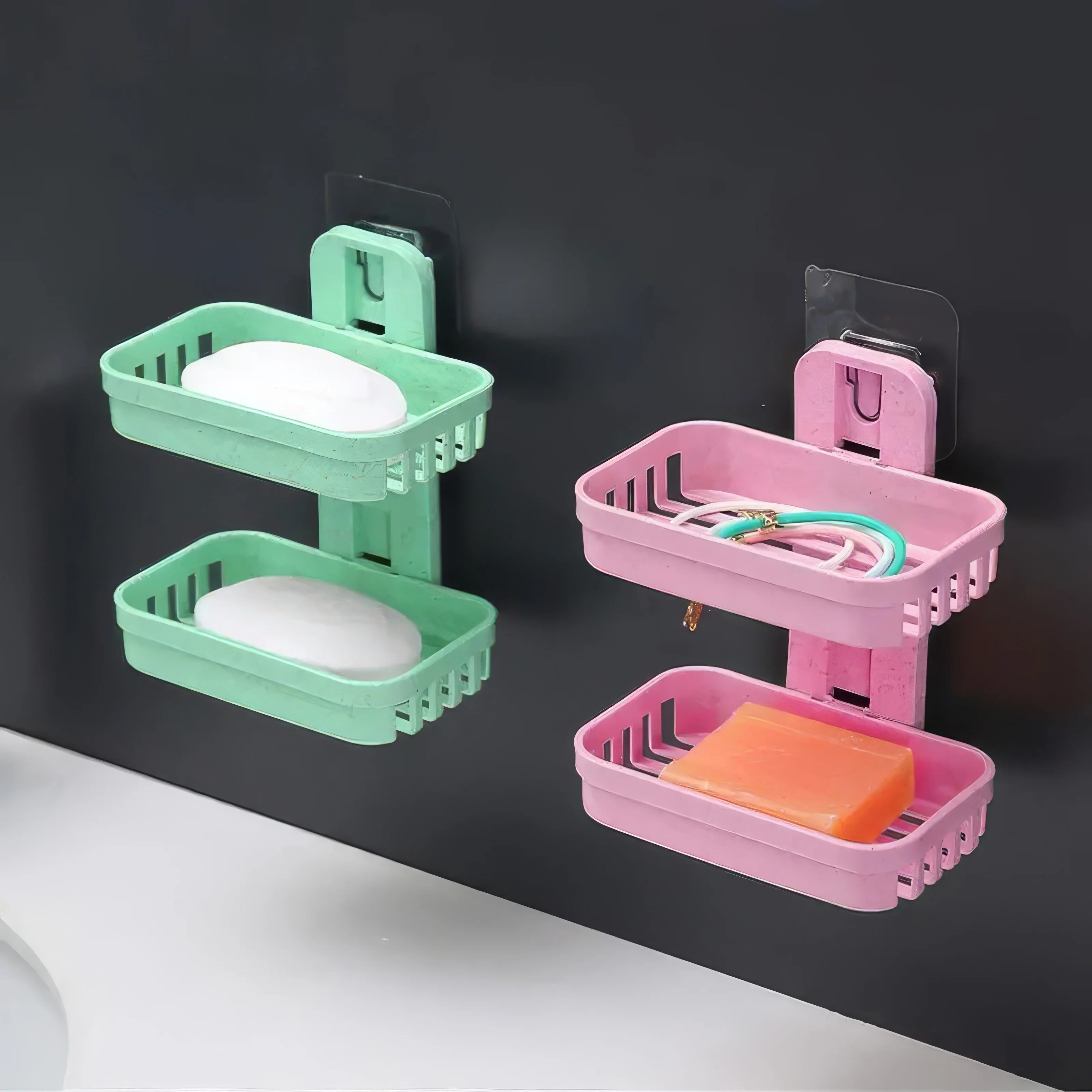 1 Set of Rice and Pink Wall Mounted Double Layer Soap Box, Bathroom Shelf, Suitable for Soap and Bottles - Detail 1