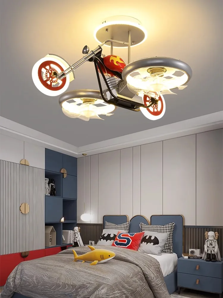 Children\'s room fan light, new Internet celebrity creative motorcycle shape, kindergarten chandelier, boy\'s room, bedroom light