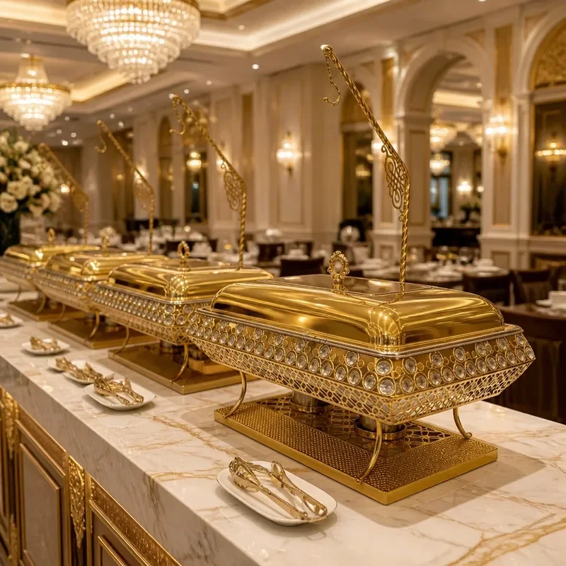 Luxury Gold Plated Flip Top Chafing Dish Commercial Buffet Warmer Stainless Steel Food Heater for Hotel Restaurant Catering