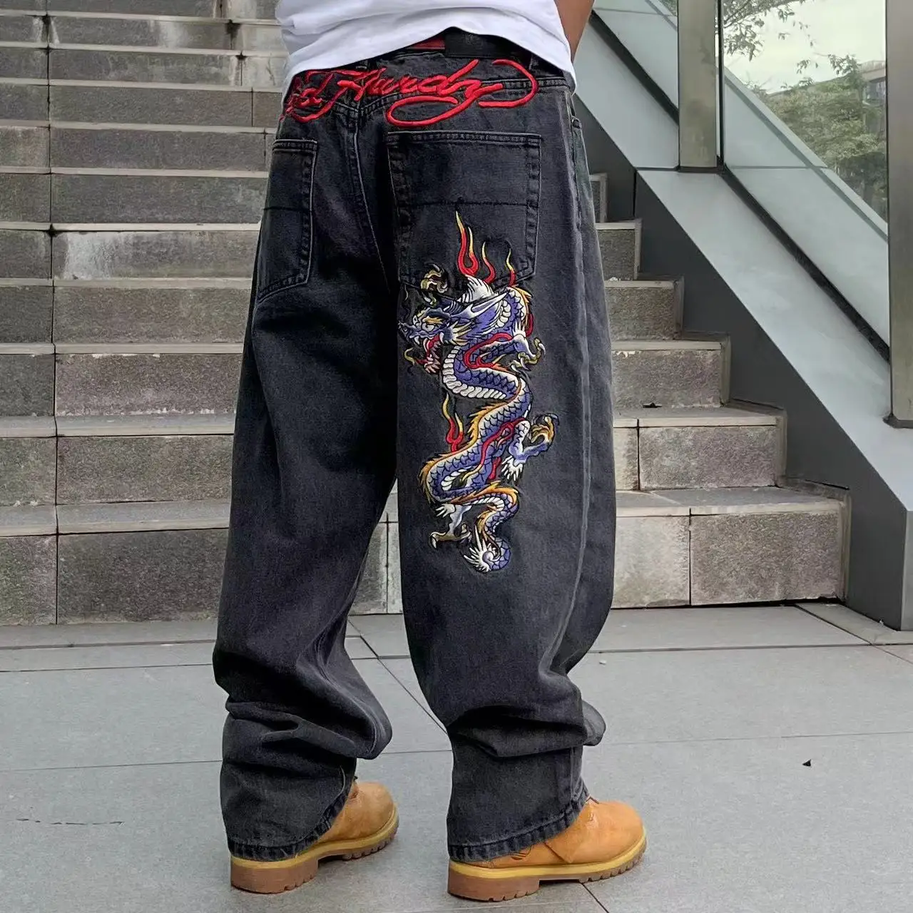 

Retro American Heavy Work Embroidery Dragon Straight Leg Jeans Men's Loose Fit Skateboard Pants Cotton mid Waist Zipper