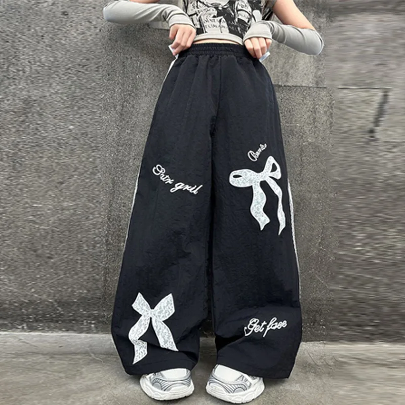 Girls Print Bow Pants Big Children Spring Fashion Lace Tousers Kids Loose Casual Pants Autumn Teenager Wide Leg Tousers 5-14Y