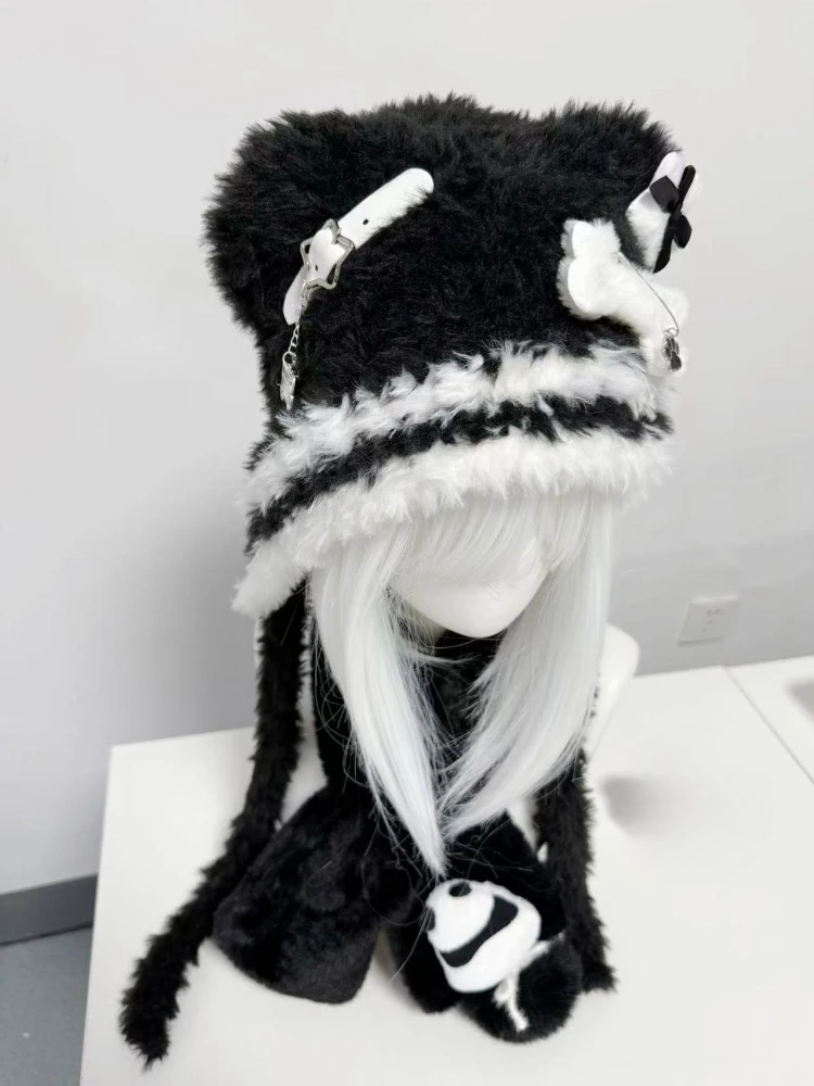 Y2k Aesthetic Patchwork Cute Knitted Fairy Hat Vintage Grunge Kawaii Bear Ears Winter Cap Harajuku Cute Cross Belted Women Hats