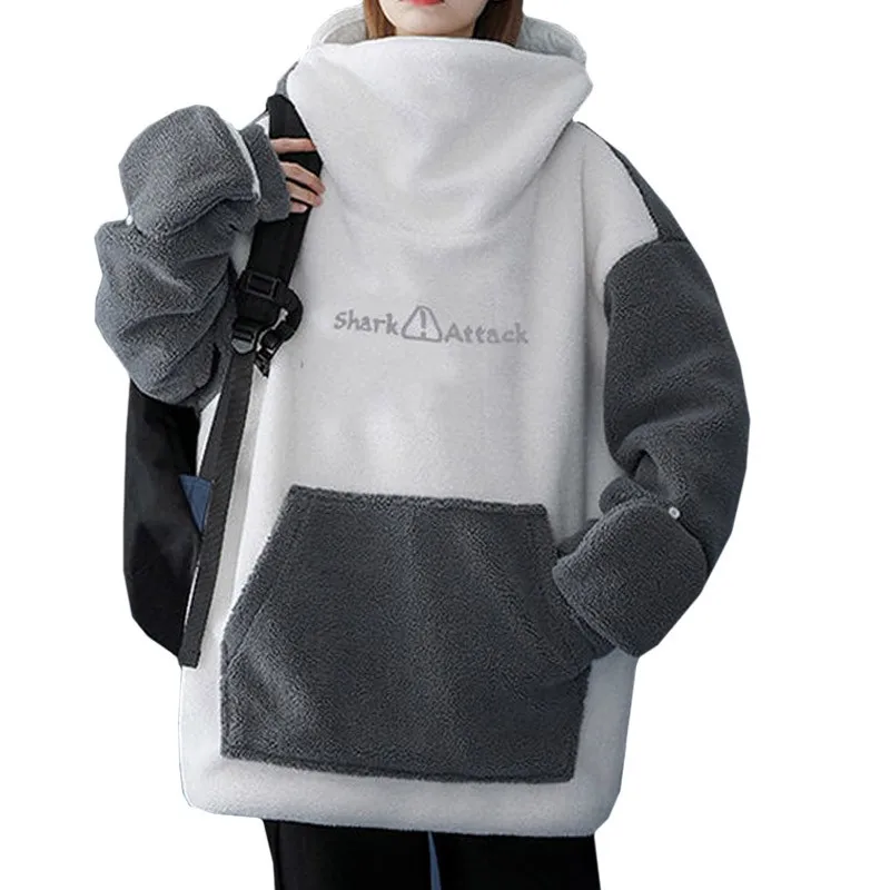 Autistic Shark Winter Fashion Color-blocking Women's Sweatshirt Coat Loose Lamb Fleece Warm Wear Thickened Pullover Hoodie