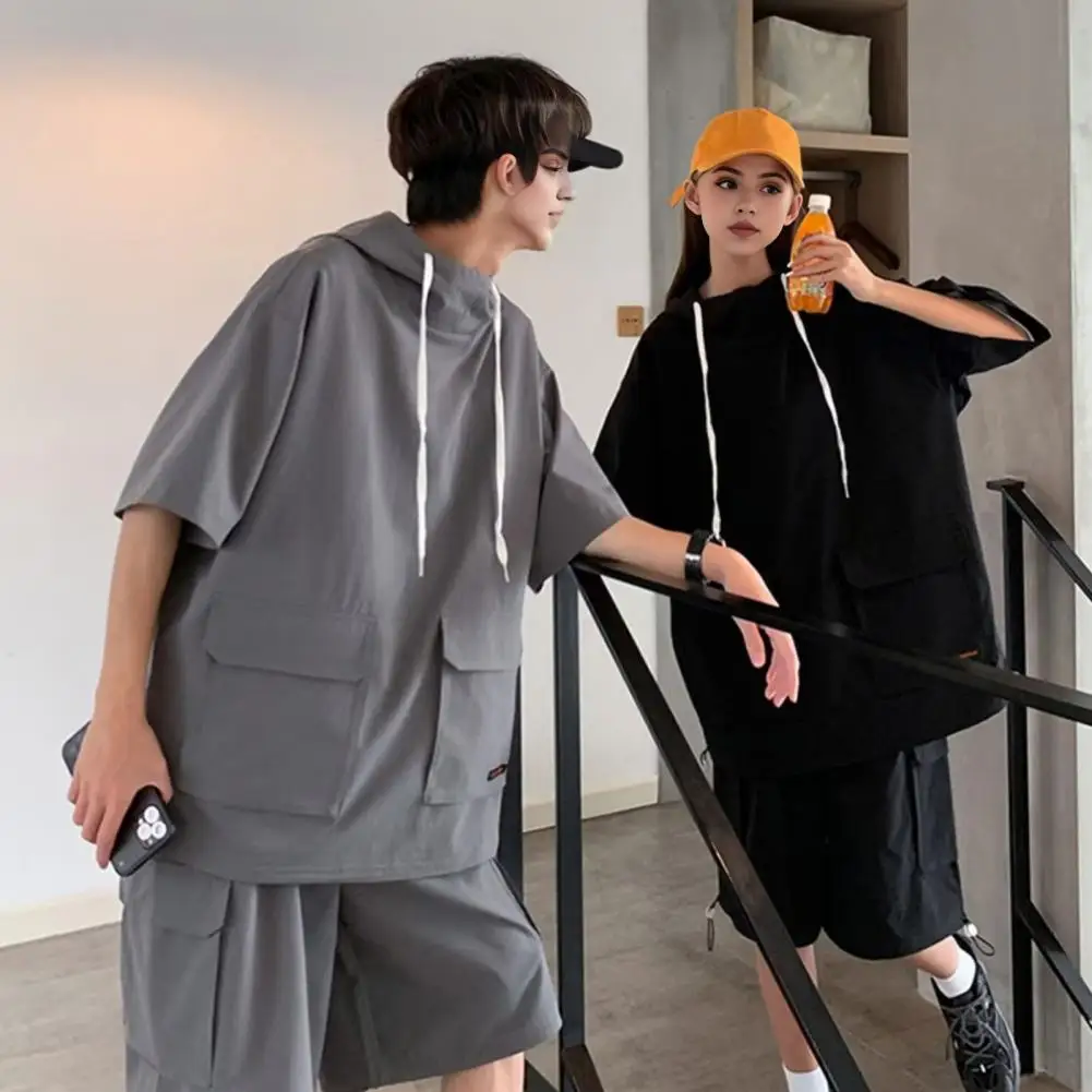 

Футболка с коротким рукавом, штаны с эластичным поясом, футболка с капюшоном и шорты на шнуровке, комплект унисекс, свободный крой, наряд с широкими шортами