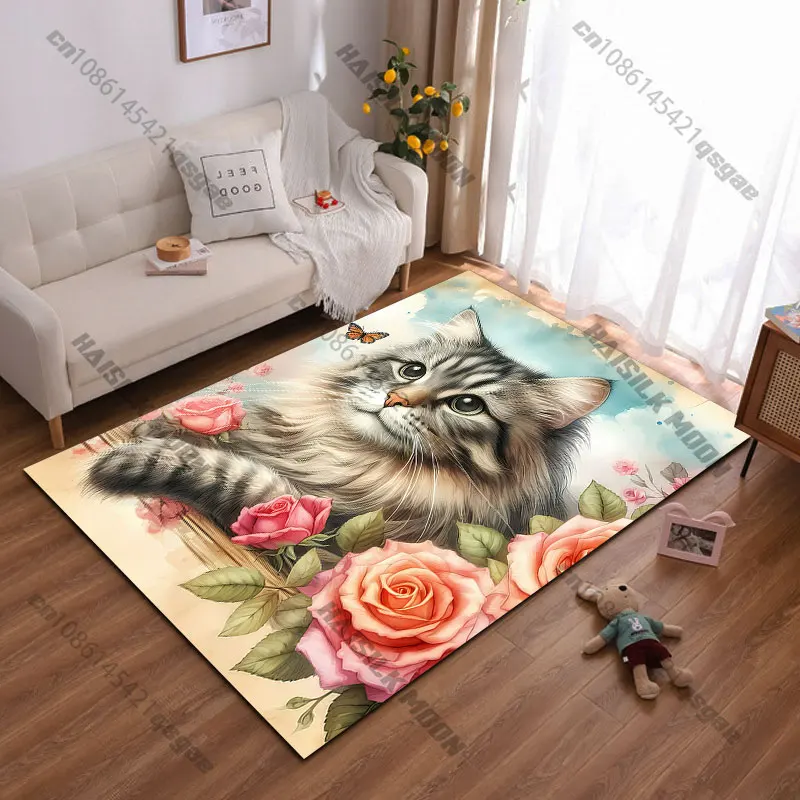Cat surrounded by colorful flowers carpet Yoga living room room decor children's crawling mat doormat area rug games mat