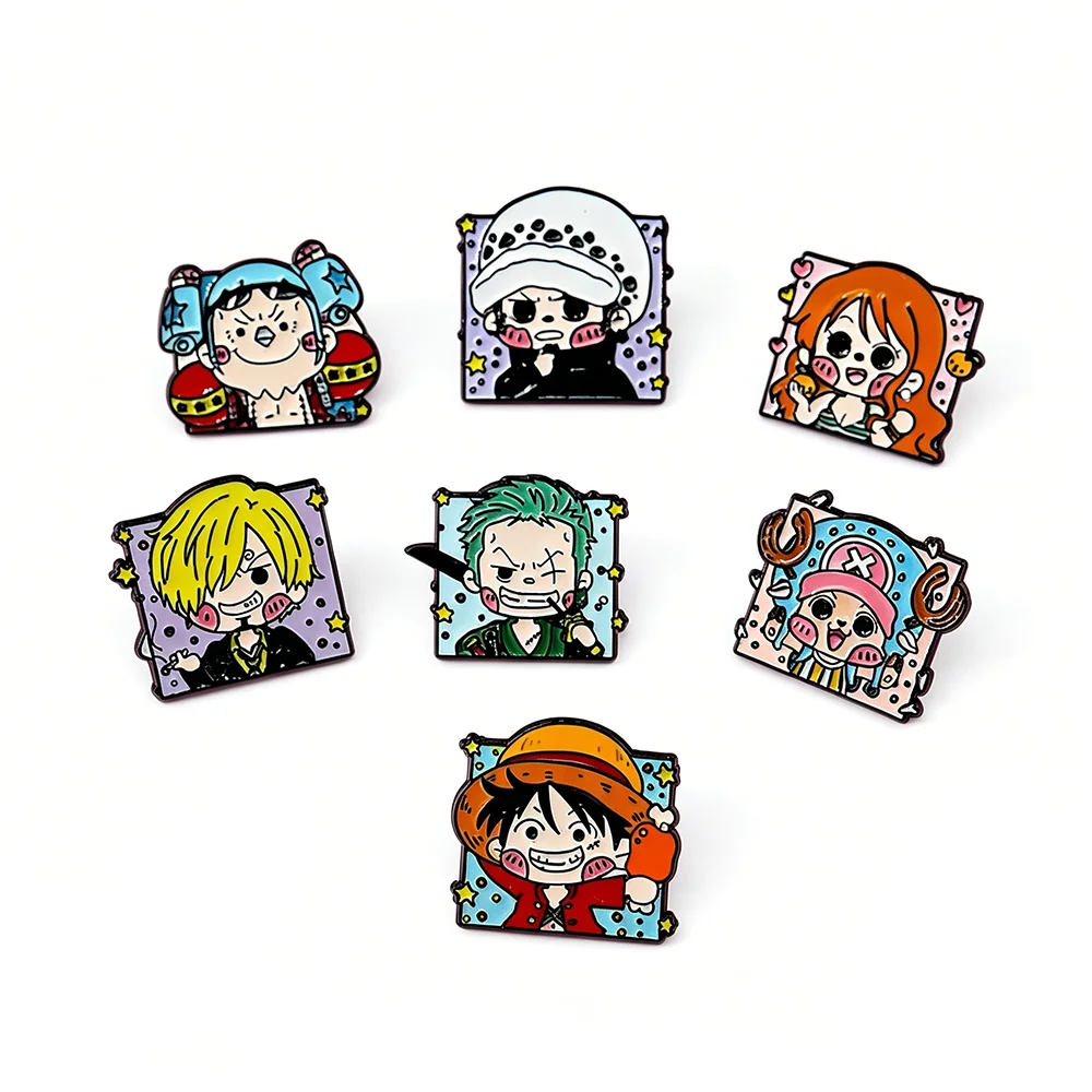 7Pcs One Piece Enamel Pins Set, Cute Q Version Luffy Zoro Nami Law Franky Chopper Brooches for Backpack Fans Gifts