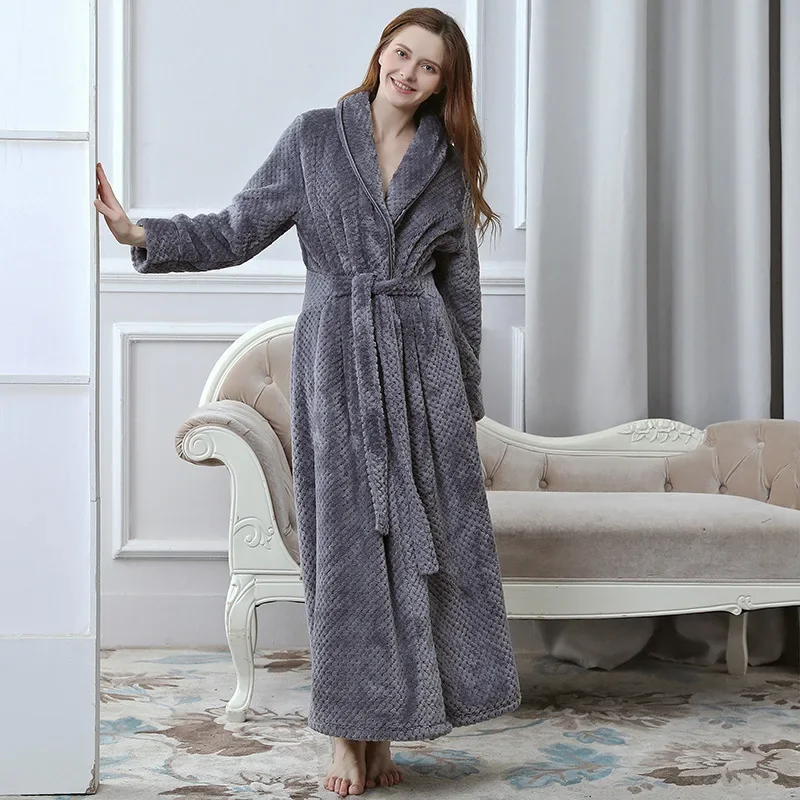 

Gray Coral Fleece Kimono Robe Gown Winter Warm Flannel Bathrobes Sleepwear Womens Lapel Nightgown Thicken Loungewear