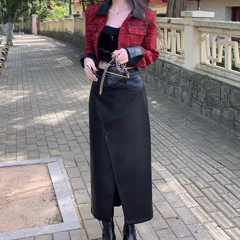 Women's Stretch Faux Leather High Waist Side Slit, Sexy Skirts Ladies Faux Latex Midi Skirt PU Skirt Support Custom