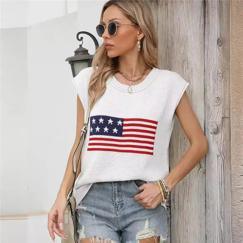 

Autumn New Sle Hot S Independent Day round Ne Flag irt Pure Color Knitted Sweater ort Sve Women's Faion