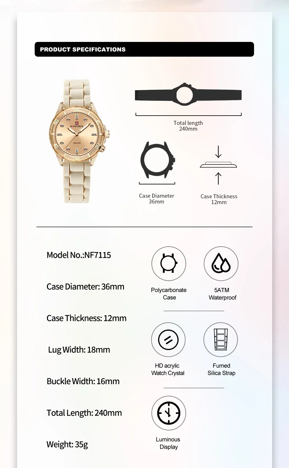 NAVIFORCE NF7115 Lightweight Silicone Women's Quartz Watches Elegant Waterproof Night Light Girls' Business Fashion Watch