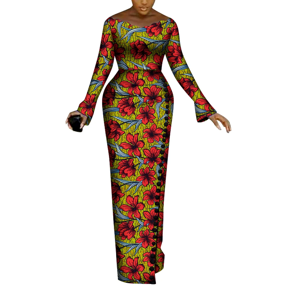 

BRW африканские платья для женщин, вечерние платья с длинными рукавами, Riche, африканский принт, русалка, пуговицы, африканская женская одежда WY8240