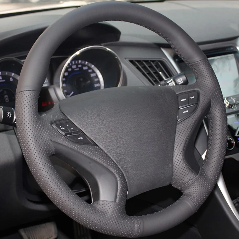 DIY Hand-stitched Black Artificial Leather Car Steering Wheel Cover for Hyundai Sonata 8 2011 2012 2013 2014