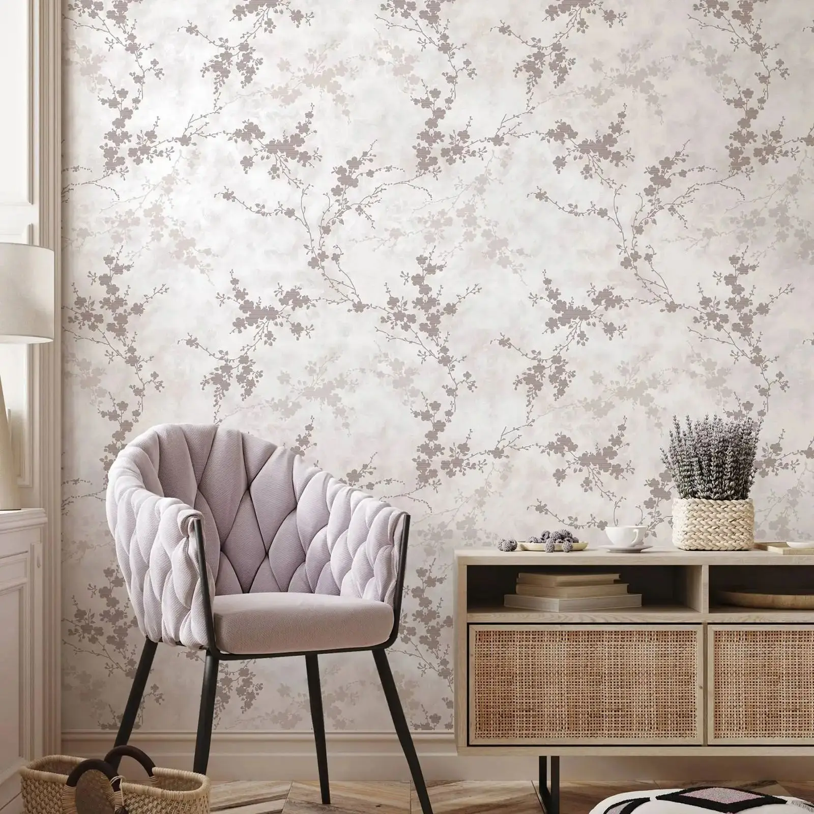 Neutral Branches and Flowers Wallpaper,Boho Style Light Tones Wall Mural,Muted Minimalist Wall Mural Peel and Stick Or Tradition