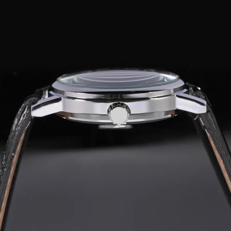 T-WINNER الكلاسيكية الجوف محفورة رجالي ساعات آلية حزام من الجلد الأرقام الرومانية مؤشرات مضيئة رجل الأعمال ساعات المعصم